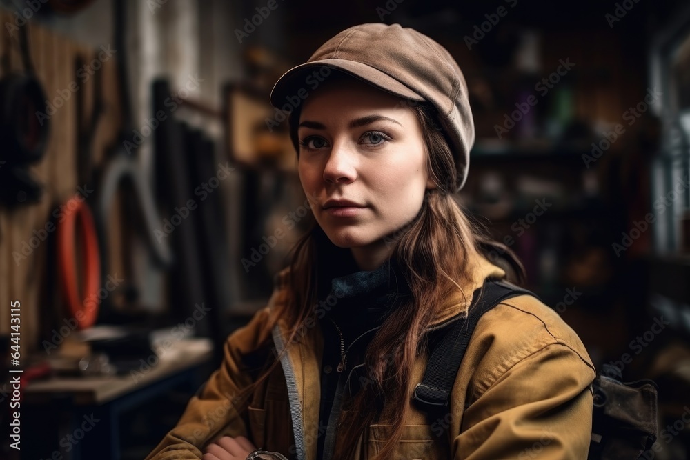 portrait of a young female constructor working in a workshop portrait of a young female constructor working in a workshop