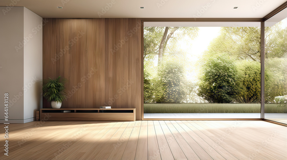 Fototapeta premium Modern loft empty and open room with garden 3d render, wooden plank ceiling and marble floor