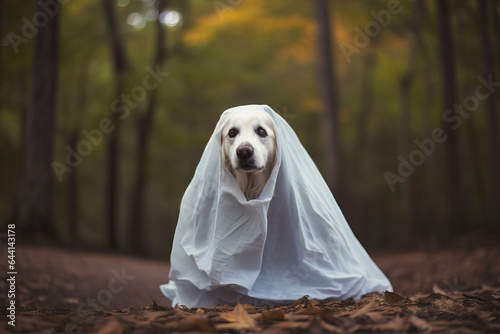 portrait of cute dog dressed as a ghost, ai generated