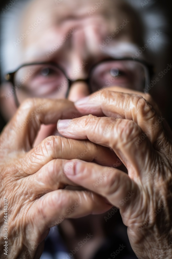 senior man, hands and vision problem in elderly health with glasses blurred by blur tool
