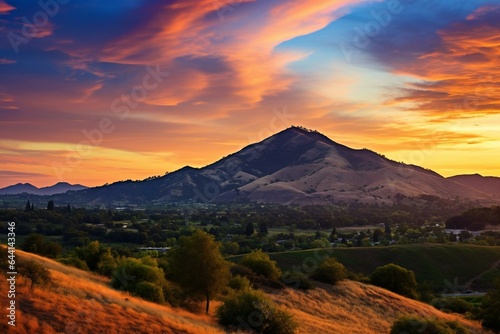 Sunset view of Mt. Diablo in the Dougherty Hills, San Ramon, CA. Generative AI