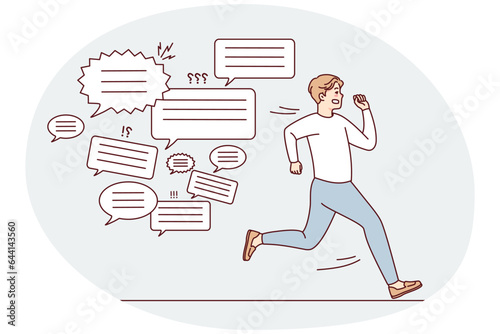 Unhappy stressed man running from messages and text notices. Anxious guy quit notifications feel annoyed and overwhelmed with spam. Vector illustration.