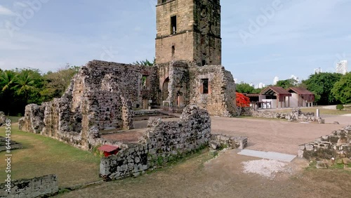 Aerial view of Panama Viejo Ruins, is the remaining part of the original Panama City, Panama, Central America - stock video
