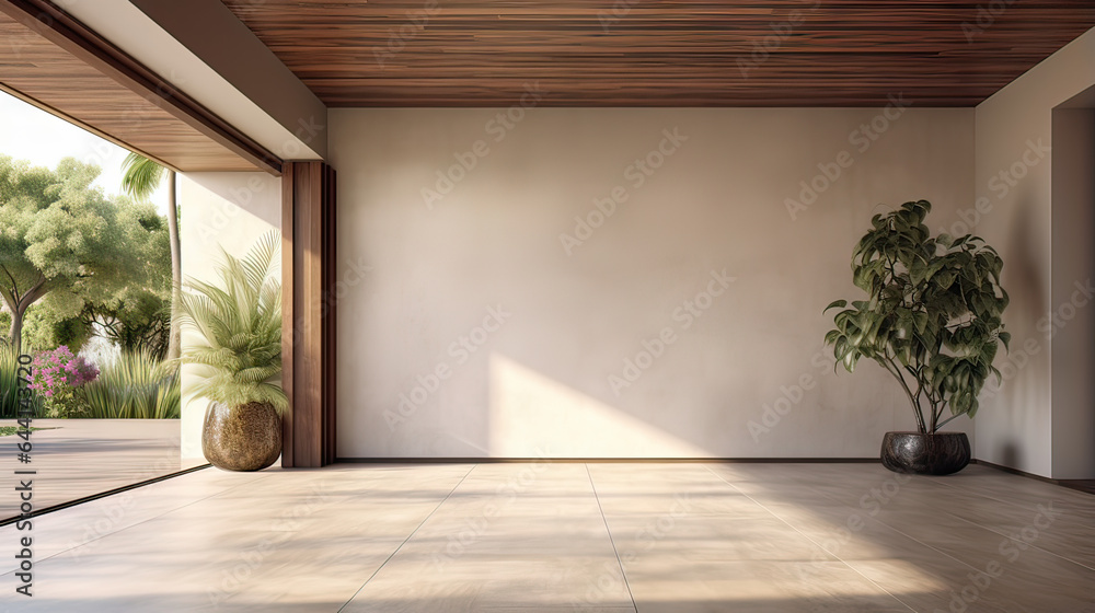 Fototapeta premium Modern loft empty and open room with garden 3d render, wooden plank ceiling and marble floor