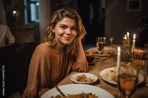 portrait of an attractive young woman enjoying a family meal