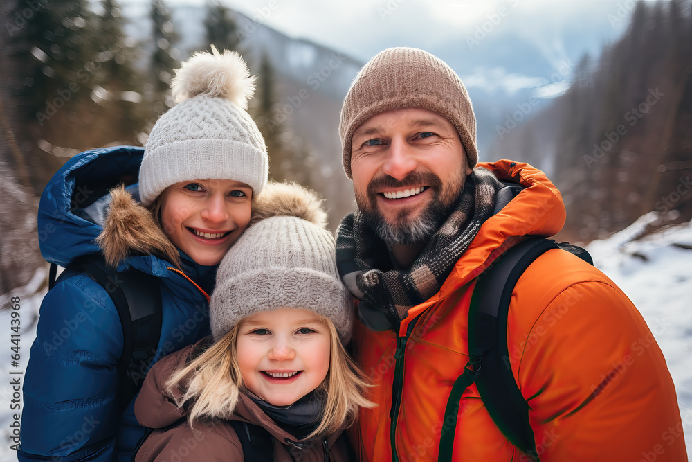 portrait of young family hiking in the snow, ai generated