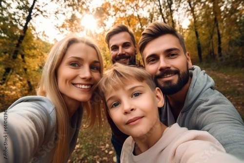 happy family, selfie and bonding in nature on holiday or vacation outdoors