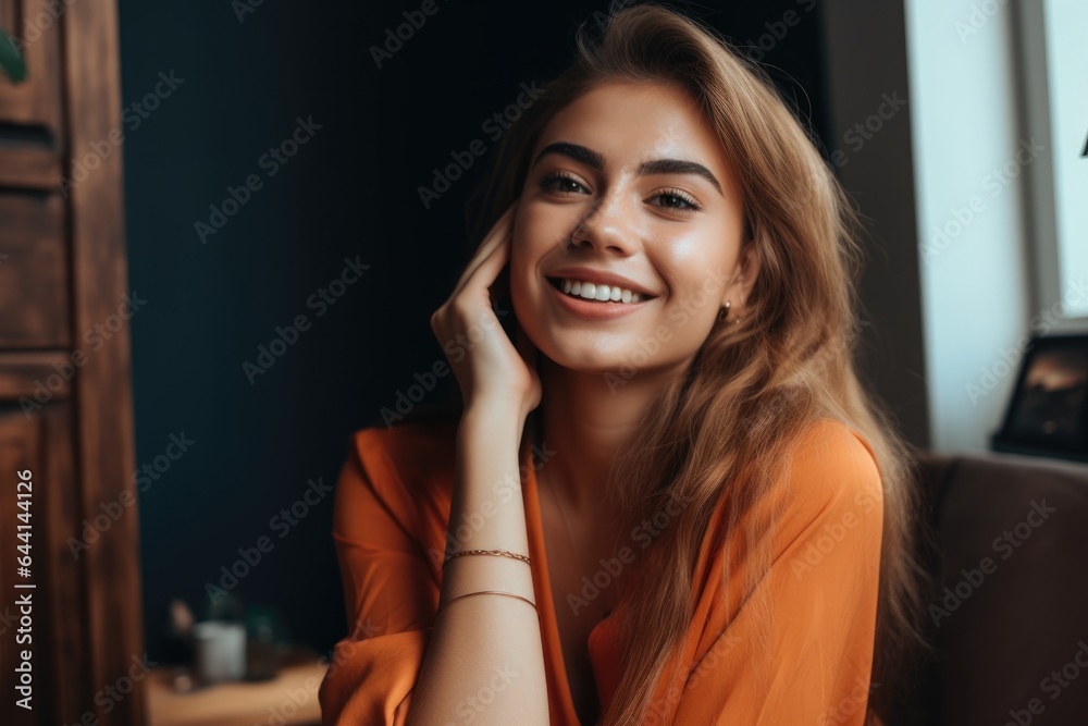 Fototapeta premium a young woman smiling while making a phone call from the comfort of her home