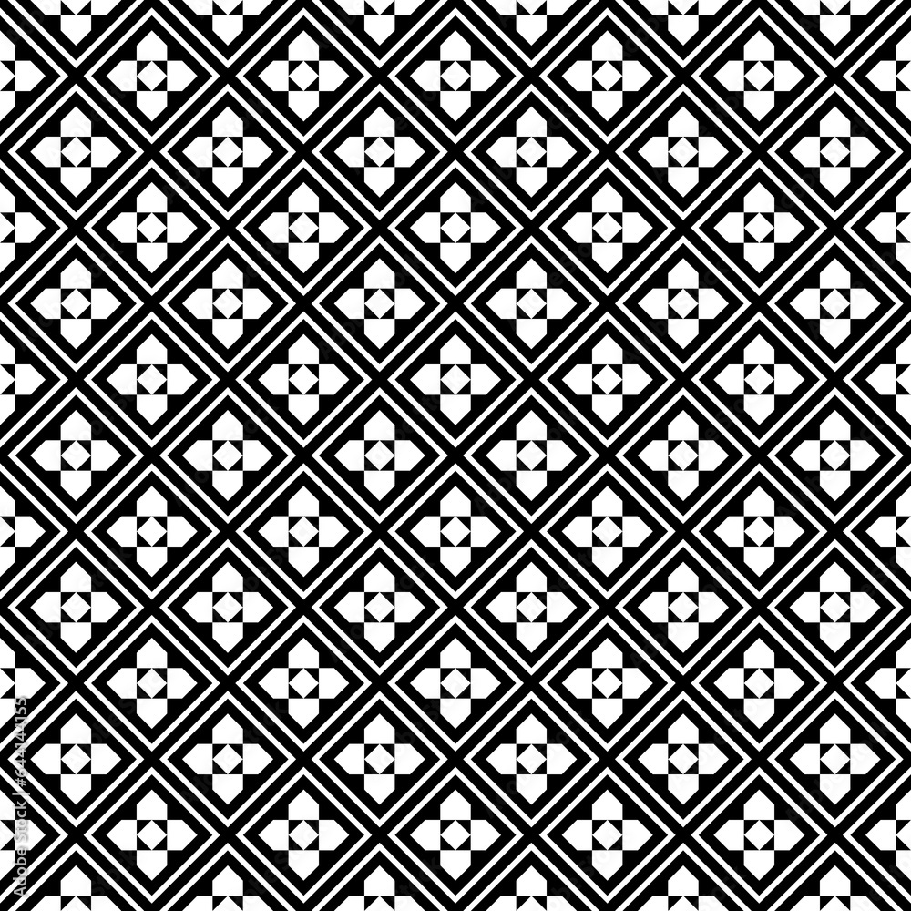 Repeated black figures and lines on white background. Ethnic wallpaper. Seamless surface pattern design with diamonds ornament. Rhombuses motif. Digital paper for textile print, web designing. Vector Repeated black figures and lines on white background. Ethnic wallpaper. Seamless surface pattern design with diamonds ornament. Rhombuses motif. Digital paper for textile print, web designing. Vector