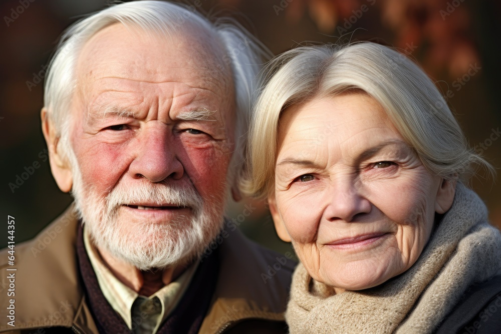 closeup portrait of a senior couple standing together outdoors closeup portrait of a senior couple standing together outdoors