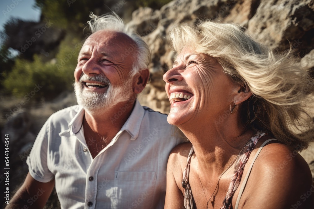 happy senior couple on a holiday, smiling and laughing outside on vacation