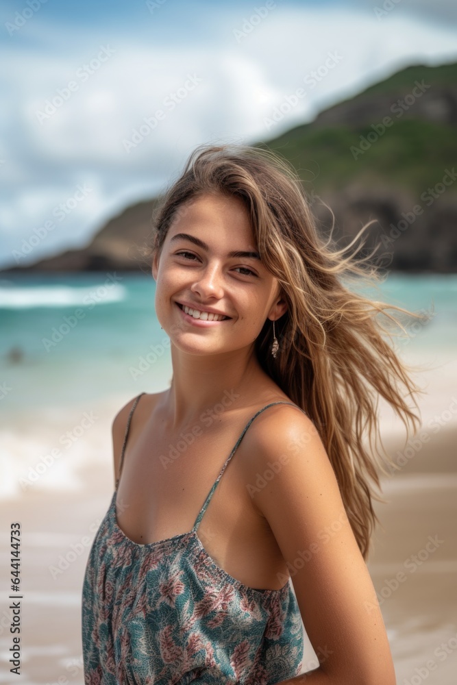 a happy young woman posing in front of a beautiful beach a happy young woman posing in front of a beautiful beach