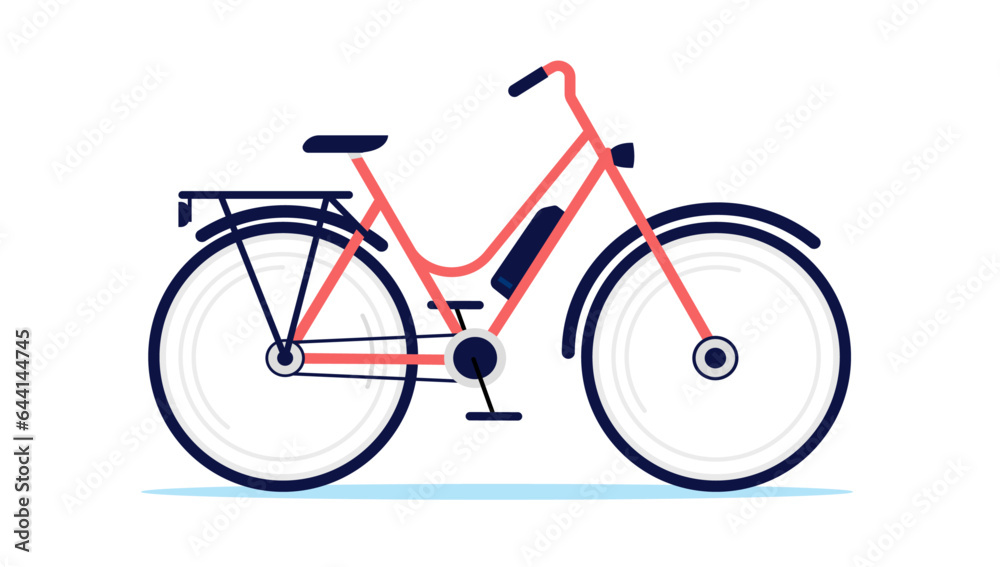 Fototapeta premium Electric female bike - Vector illustration of red woman bicycle with battery in side view flat design with white background