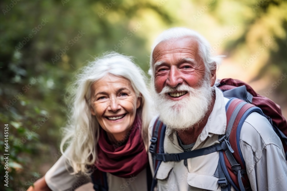 portrait of a happy senior couple going on a hike together in the forest portrait of a happy senior couple going on a hike together in the forest