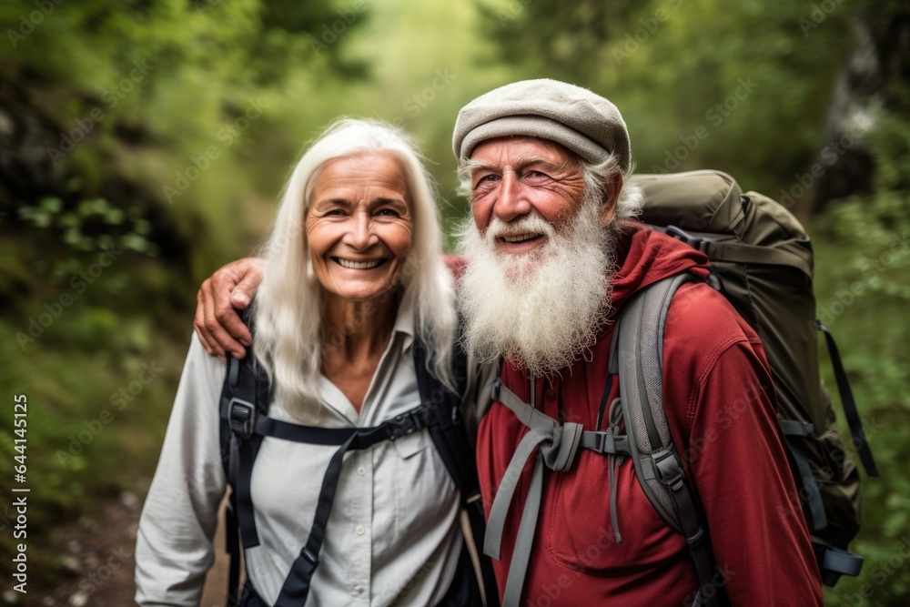 portrait of a happy senior couple going on a hike together in the forest