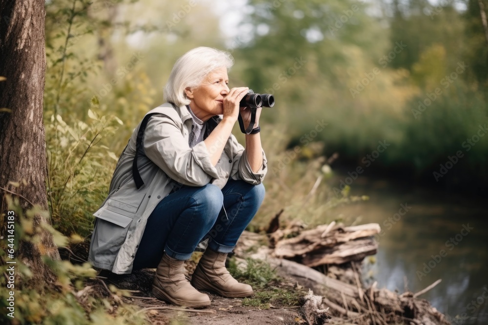 shot of a senior woman holding binoculars while sitting in nature shot of a senior woman holding binoculars while sitting in nature