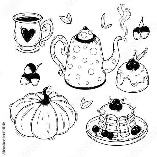 Set of cozy autumn elements clipart. Vector black and white illustration isolated on white background