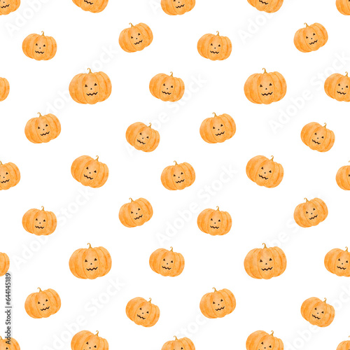 Halloween watercolor hand-painted seamless pattern with pumpkins. Fall holidays digital paper. 