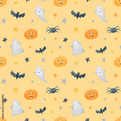 Halloween watercolor hand-painted seamless pattern with ghost, stars, pumpkin, bat on yellow background. Fall holidays digital paper. 