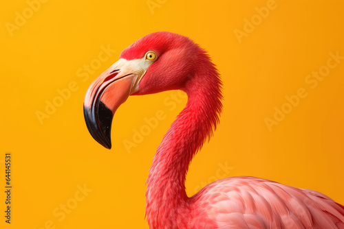Pink flamingo on yellow background, side view