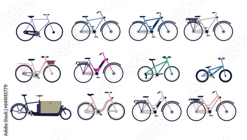 Vector bike collection - Set of illustrations of various bikes for men and women, electric and analogue. Side view flat design, isolated with white background