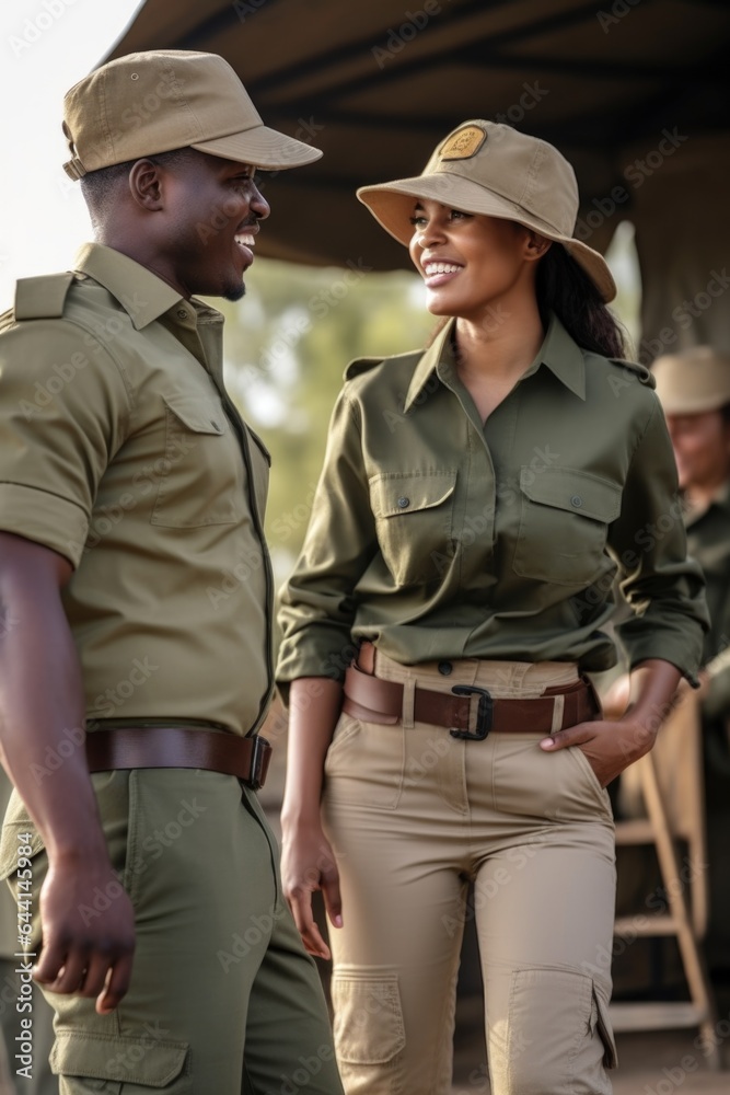 Fototapeta premium cropped shot of two people chatting while standing in front of a male ranger