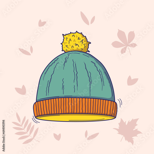 Vector illustration of knitted hat with pompom in doodle style isolated on a light background with autumn leaves