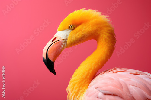 Yellow flamingo on pink background, side view