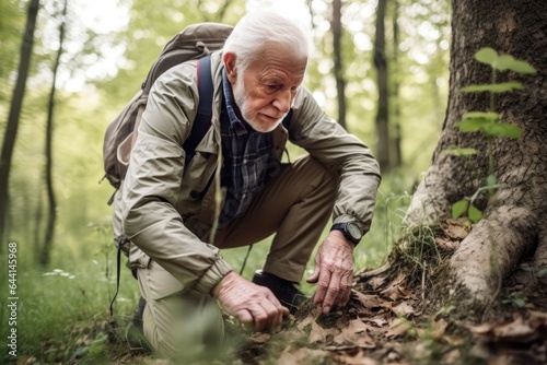 shot of a senior man tying his shoelaces while out on a hike