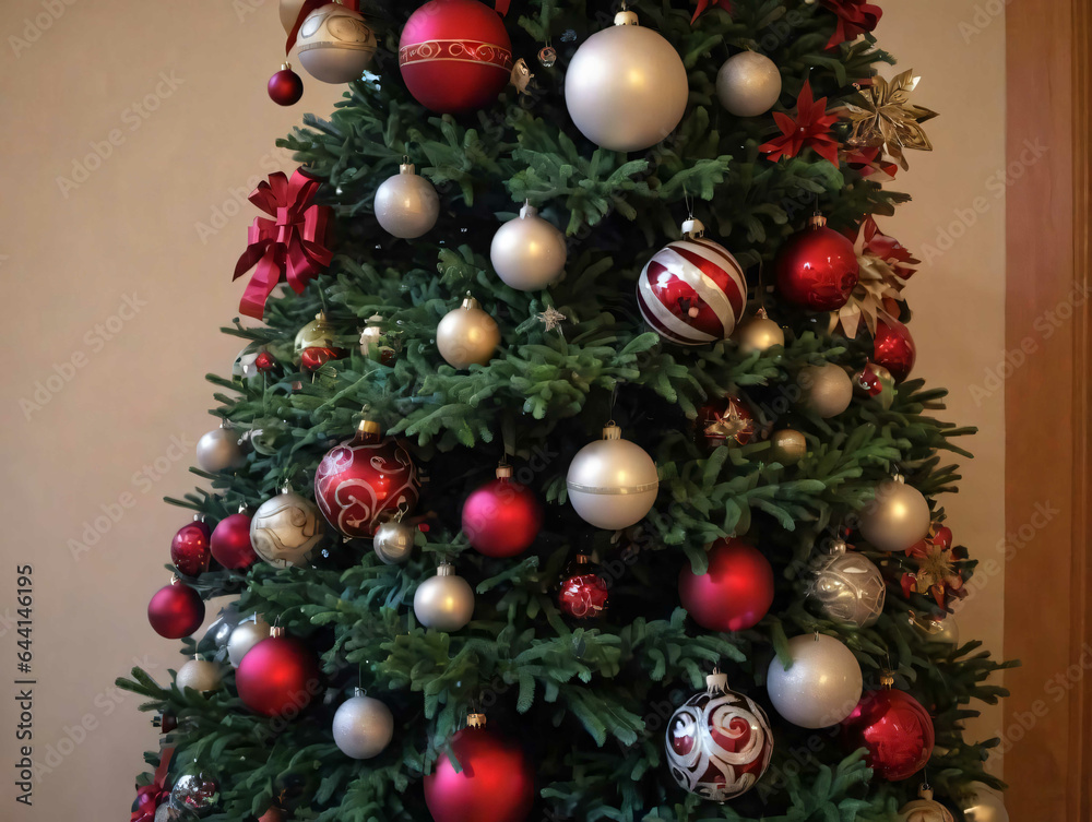 A Christmas Tree With Red And White Ornaments A Christmas Tree With Red And White Ornaments
