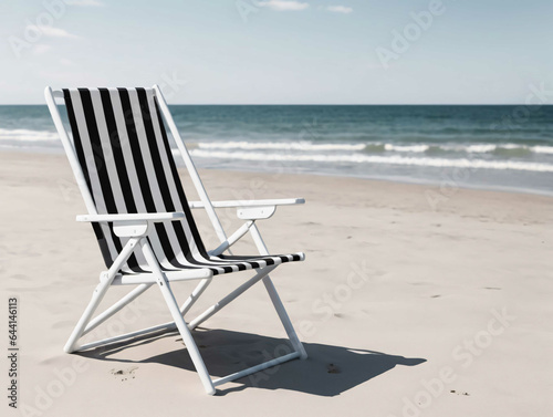 A Black And White Striped Lawn Chair On A Beach