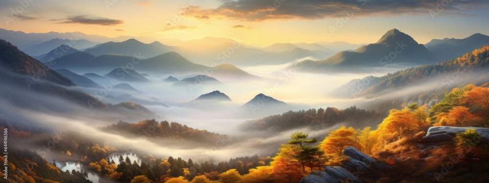 View beauty autumn foggy, landscape background