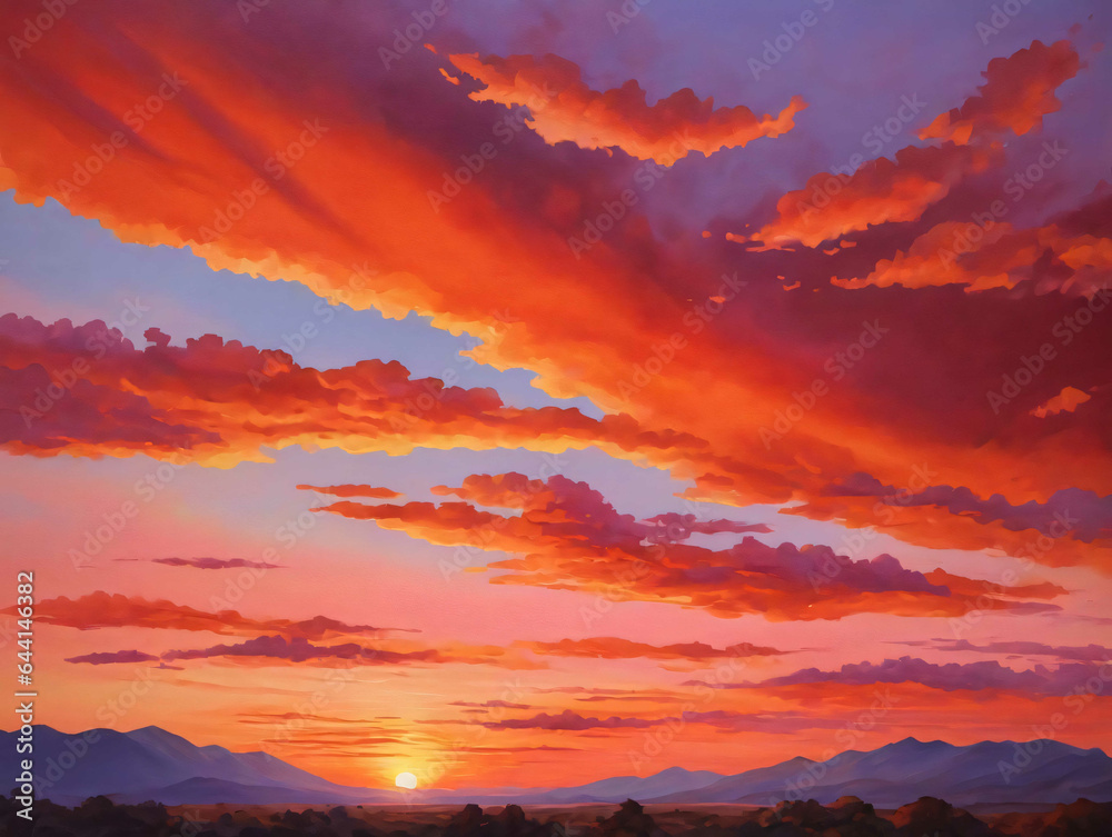 A Painting Of A Sunset Over A Mountain Range
