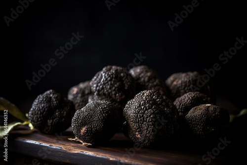 Dark background close-up of black summer truffles, a prized ingredient for restaurants. Generative AI