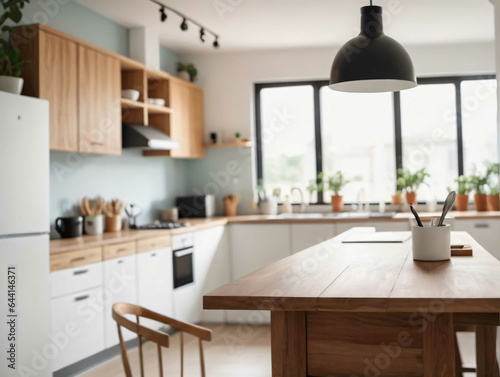 A Kitchen With A Wooden Table And Chairs