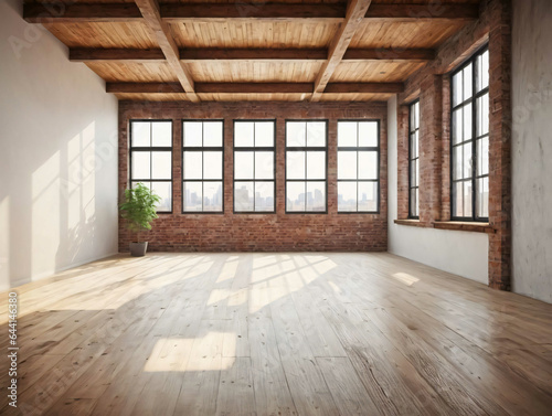 An Empty Room With Large Windows And A Wooden Floor