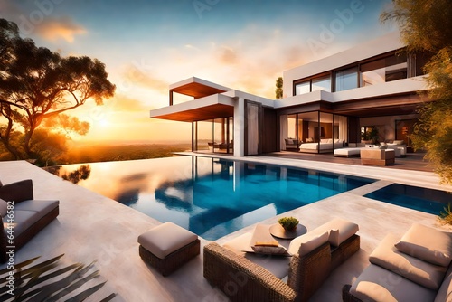 Luxury home with modern pool at sunrise  contemporary villa architecture  resort style hotel with beautiful interior and exterior design