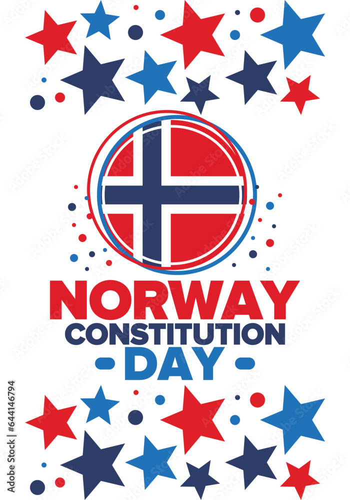 Obraz premium Norway Constitution Day. Happy holiday, celebrated annual in May 17. Norwegian flag. Norway independence and freedom. Patriotic poster. Festive and parade design. Vector illustration