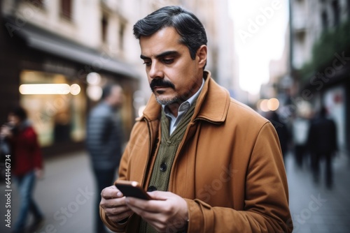 shot of a man using his smart phone while standing in the city
