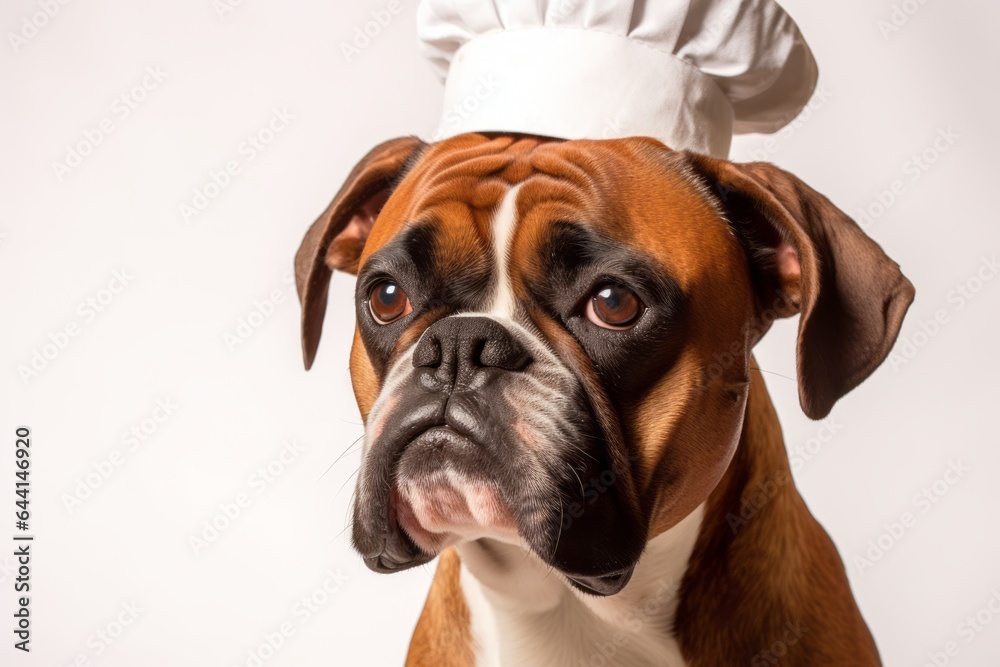 Photography in the style of pensive portraiture of a funny boxer dog wearing a chef hat against a pearl white background. With generative AI technology