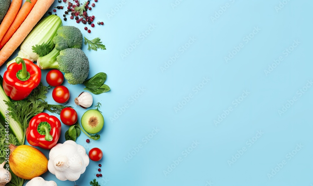 Top view vegetables on blue background. Vegetarian organic food banner. Created by AI tools