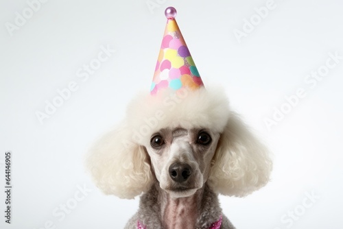 Close-up portrait photography of a cute poodle wearing a unicorn horn against a pearl white background. With generative AI technology