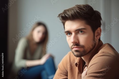 shot of a man looking bored while his girlfriend sits in the foreground
