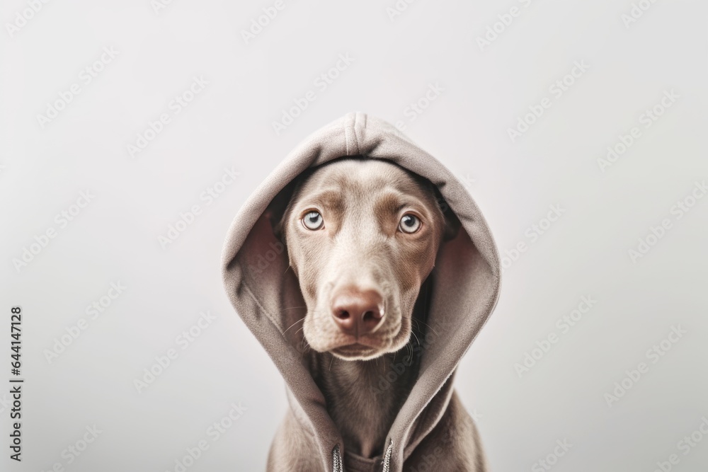 Medium shot portrait photography of a cute weimaraner dog wearing a fluffy hoodie against a pearl white background. With generative AI technology Medium shot portrait photography of a cute weimaraner dog wearing a fluffy hoodie against a pearl white background. With generative AI technology