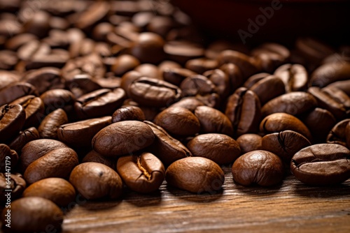 A photo of coffee beans on a wooden table with scattered beans and a coffee bean picture. Generative AI