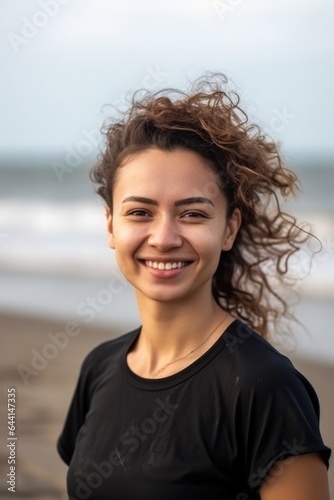 woman, portrait smile or fitness at the beach in a workout or sports training exercise with mockup space