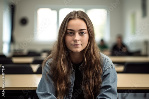 cropped portrait of a female student sitting in her classroom on the first day of term