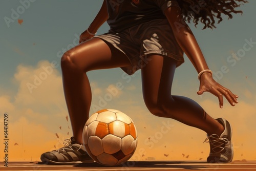 The legs of a dark-skinned girl with a soccer ball on the field.