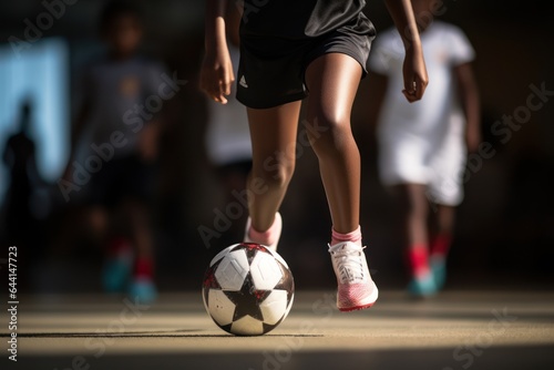 The legs of a dark-skinned girl with a soccer ball on the field. © Fotograf