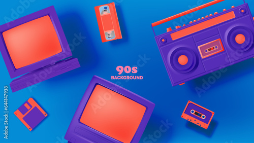 Boom box ,TV and Desktop PC in mood of 90's nostalgia realistic 3d 90's